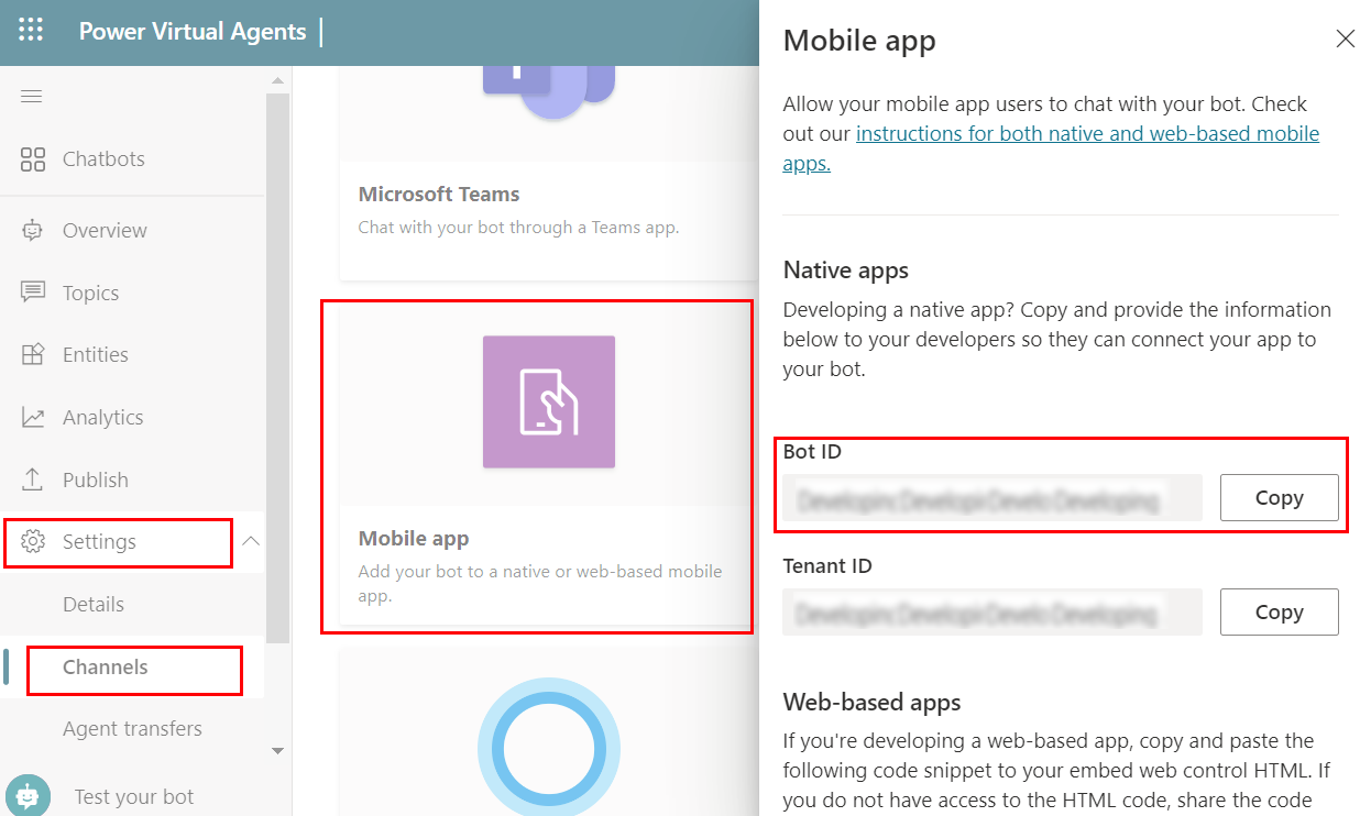ID copilota mostrato nella pagina di configurazione del canale dell'app per dispositivi mobili.