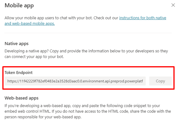 Screenshot della copia dell'URL del dell'endpoint del token in Copilot Studio.