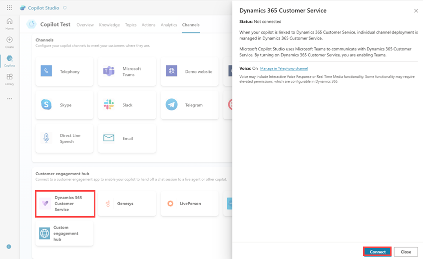 Screenshot dell'hub di engagement dei clienti di Dynamics 365 Customer Service, in cui è evidenziato il pulsante Connetti.