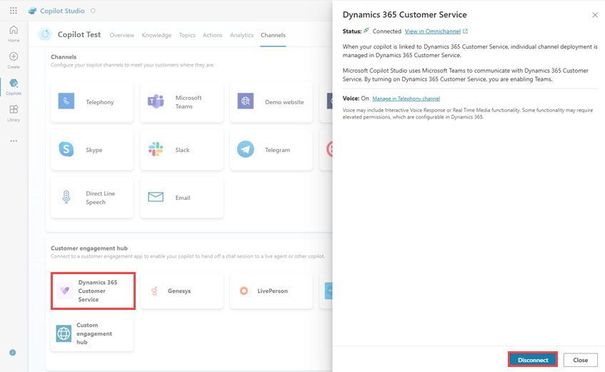 Screenshot dell'hub di engagement dei clienti di Dynamics 365 Customer Service, in cui è evidenziato il pulsante Disconnetti.