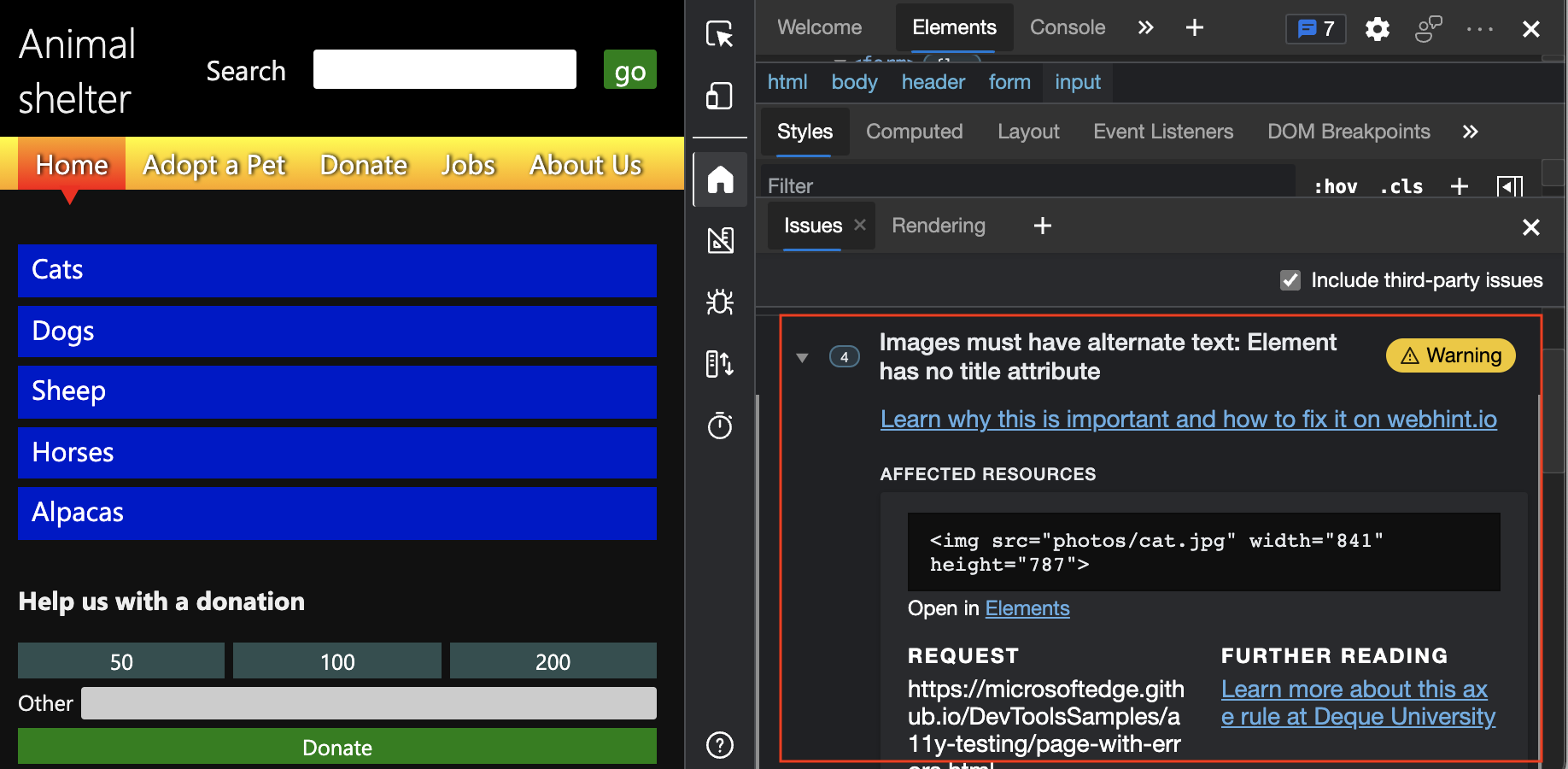 The Issues tool reporting images that are missing alternative text