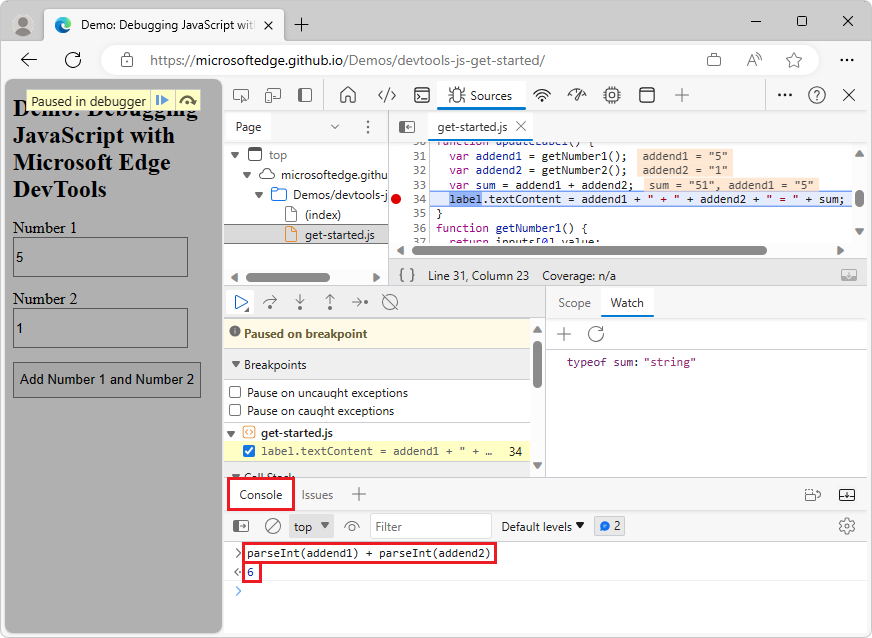 The Console tool, after evaluating parseInt(addend1) + parseInt(addend2)