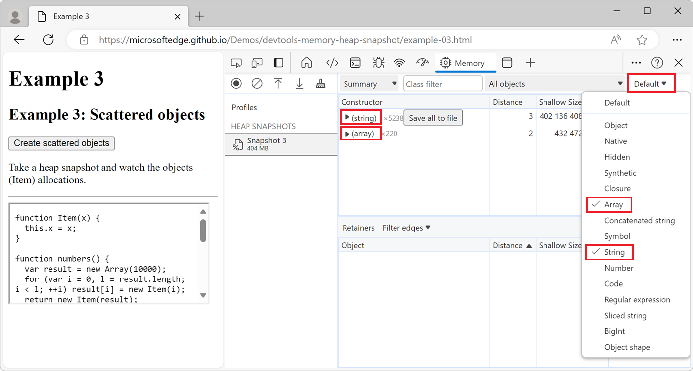 Node Types in a heap snapshot in the Memory tool