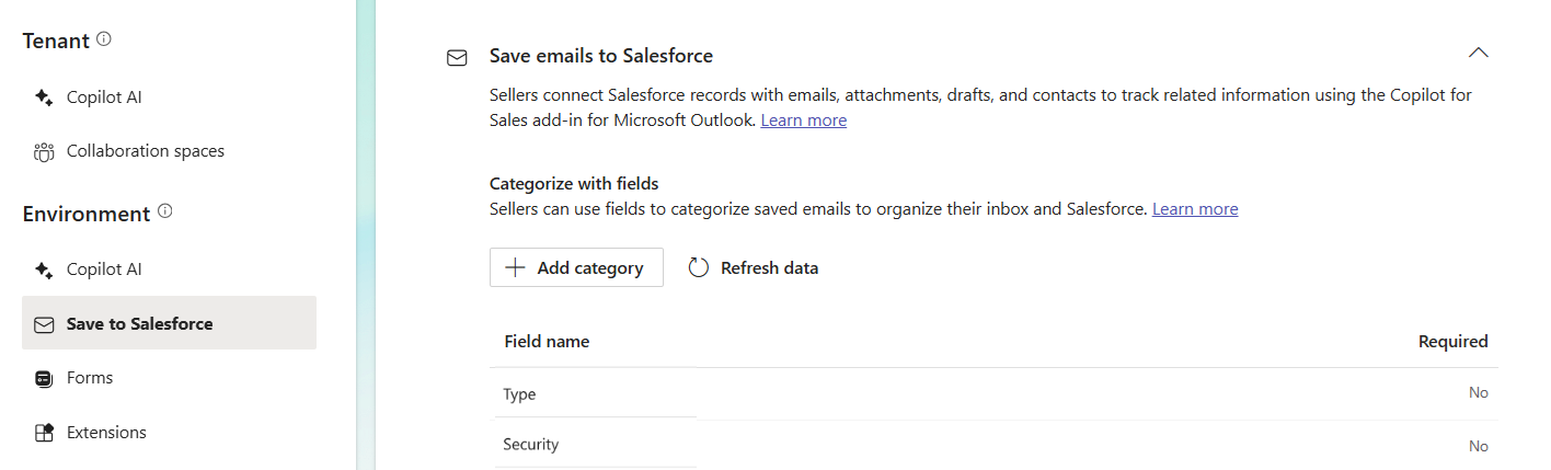 Screenshot che mostra le impostazioni Salva email in Salesforce nelle impostazioni di amministrazione Copilot per le vendite in Teams.