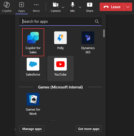 Screenshot che mostra l'aggiunta dell'app Copilot for Sales durante la riunione.