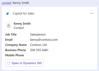 Screenshot che mostra il collegamento alla scheda contatto Copilot for Sales.