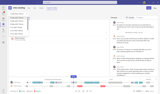 Screenshot che mostra il riepilogo delle riunioni di Copilot for Sales per una riunione ricorrente.