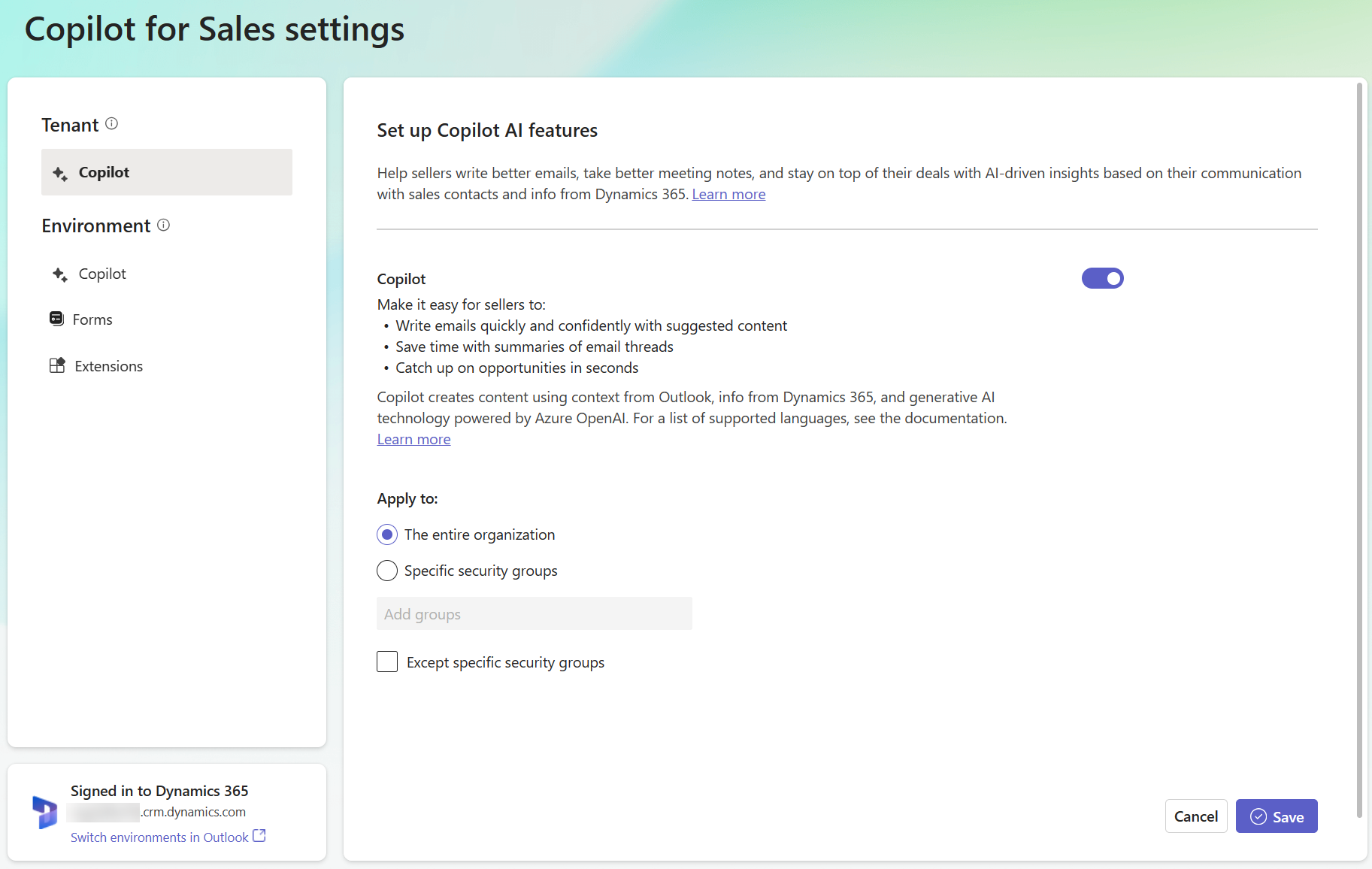 Screenshot delle impostazioni di Copilot for Sales per un tenant.