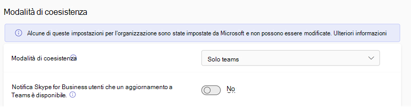 Screenshot delle impostazioni della modalità di coesistenza degli aggiornamenti di Teams nell'interfaccia di amministrazione di Teams.