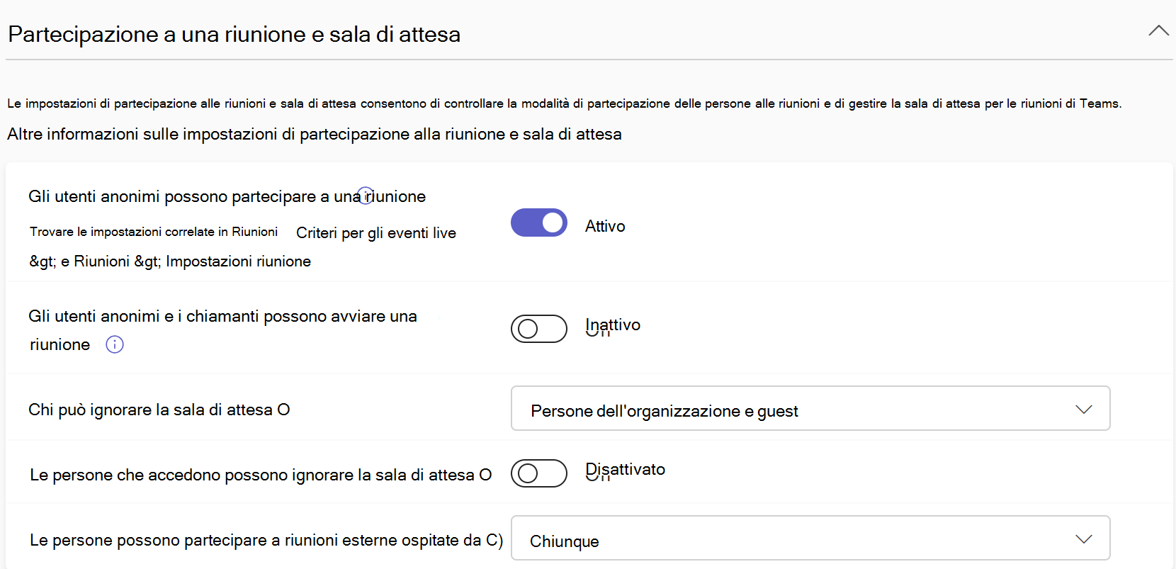 Screenshot della riunione di Teams che partecipa & criteri di sala di attesa nell'interfaccia di amministrazione di Teams.