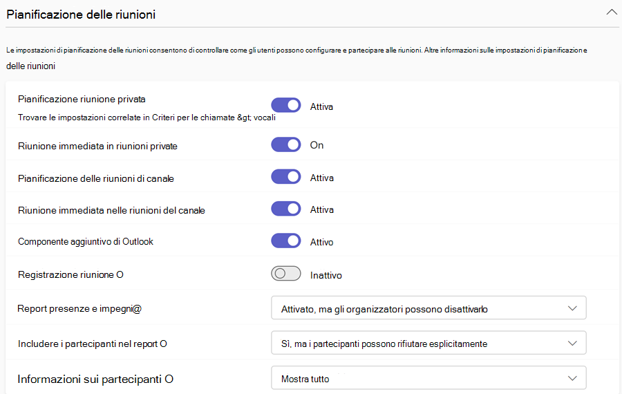 Screenshot dei criteri di pianificazione delle riunioni di Teams nell'interfaccia di amministrazione di Teams.