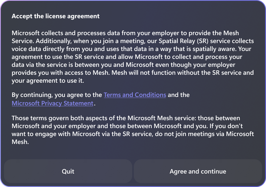 Screenshot del contratto di licenza con l'utente finale per gli spazi immersivi in Teams.