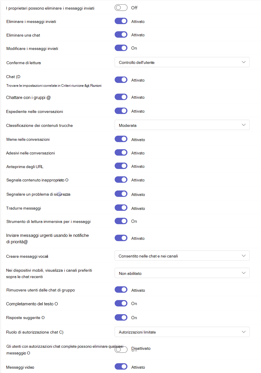 Screenshot dei criteri di messaggistica delle riunioni di Teams nell'interfaccia di amministrazione di Teams.