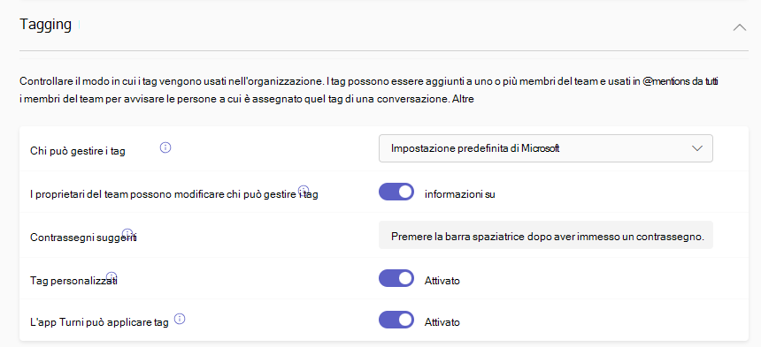 Screenshot delle impostazioni di tagging di Teams nell'interfaccia di amministrazione di Teams.