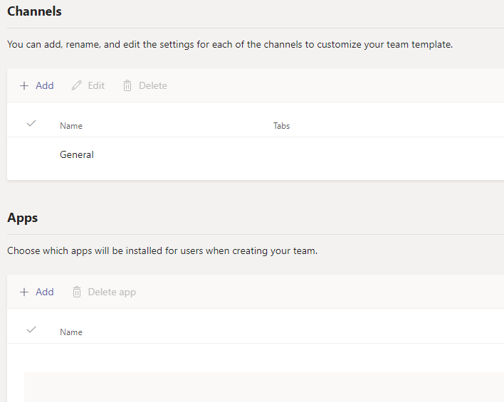 Immagine della schermata Dei modelli di team per canali, schede e app.