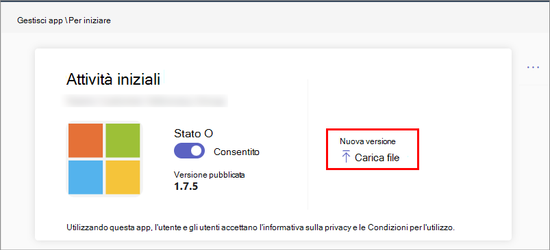 Screenshot che mostra l'opzione per caricare una nuova versione di un'app personalizzata nell'interfaccia di amministrazione.