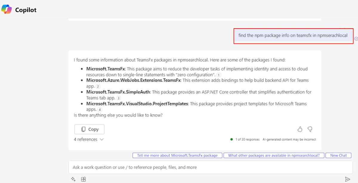 Screenshot shows the plugin prompt and the Adaptive Card response with content and preview card from Microsoft 365 Copilot. The response contains a list of four products with Contoso product name. 