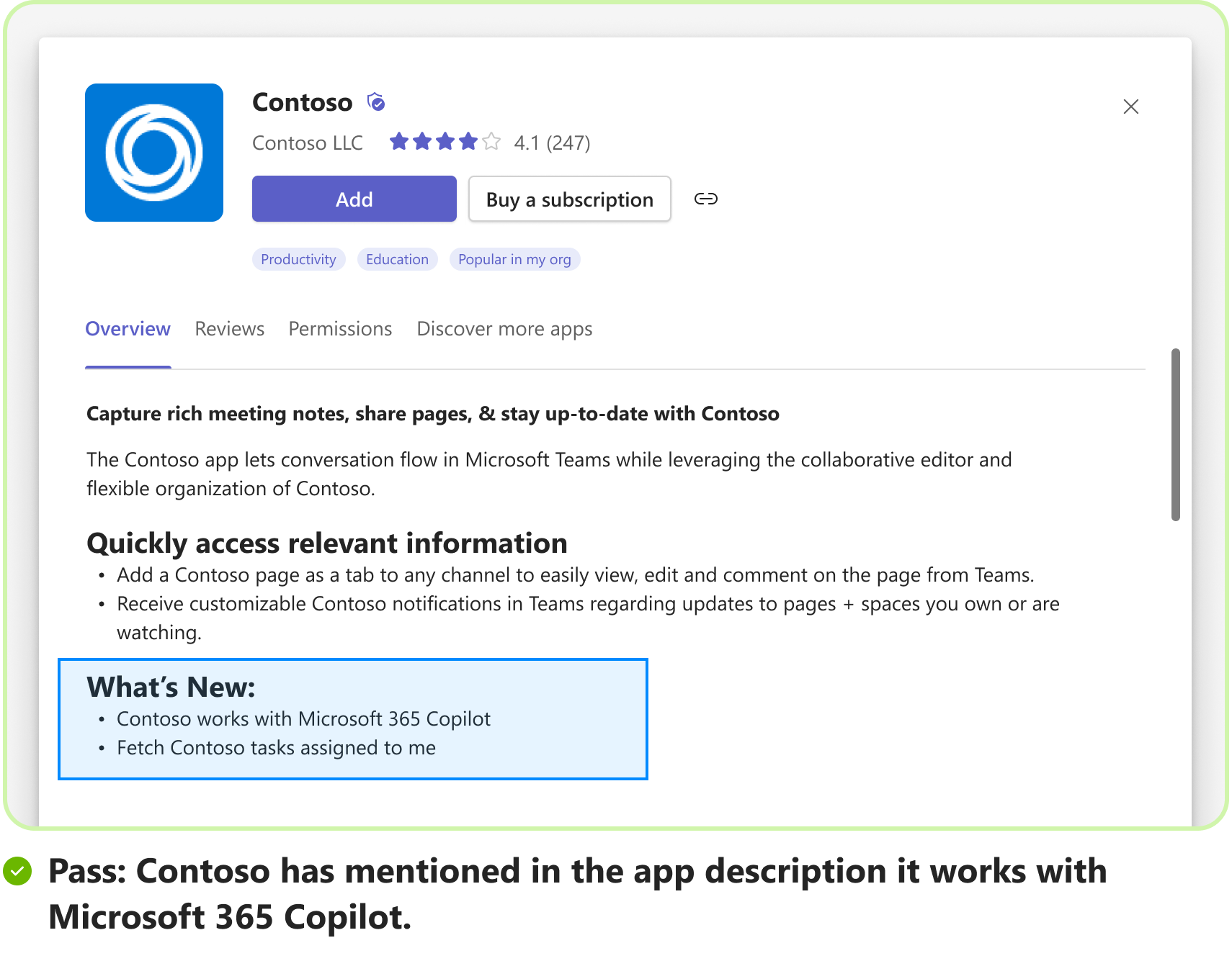 Screenshot shows a pass scenario with an example of a sample prompt for message extension plugin in Microsoft 365 Copilot.