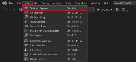 Screenshot shot show the View option to select Solution explorer.