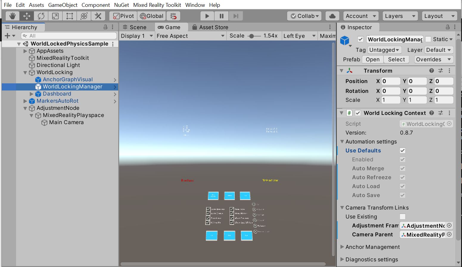 Screenshot di Unity con la configurazione WLT più semplice