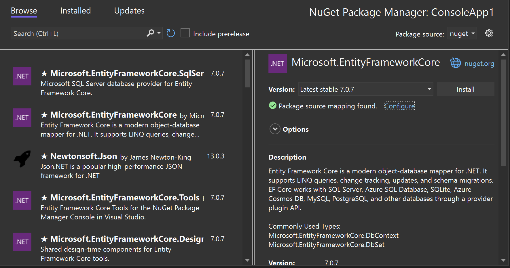 La finestra Gestione pacchetti NuGet in Visual Studio che mostra un pacchetto selezionato con lo stato 