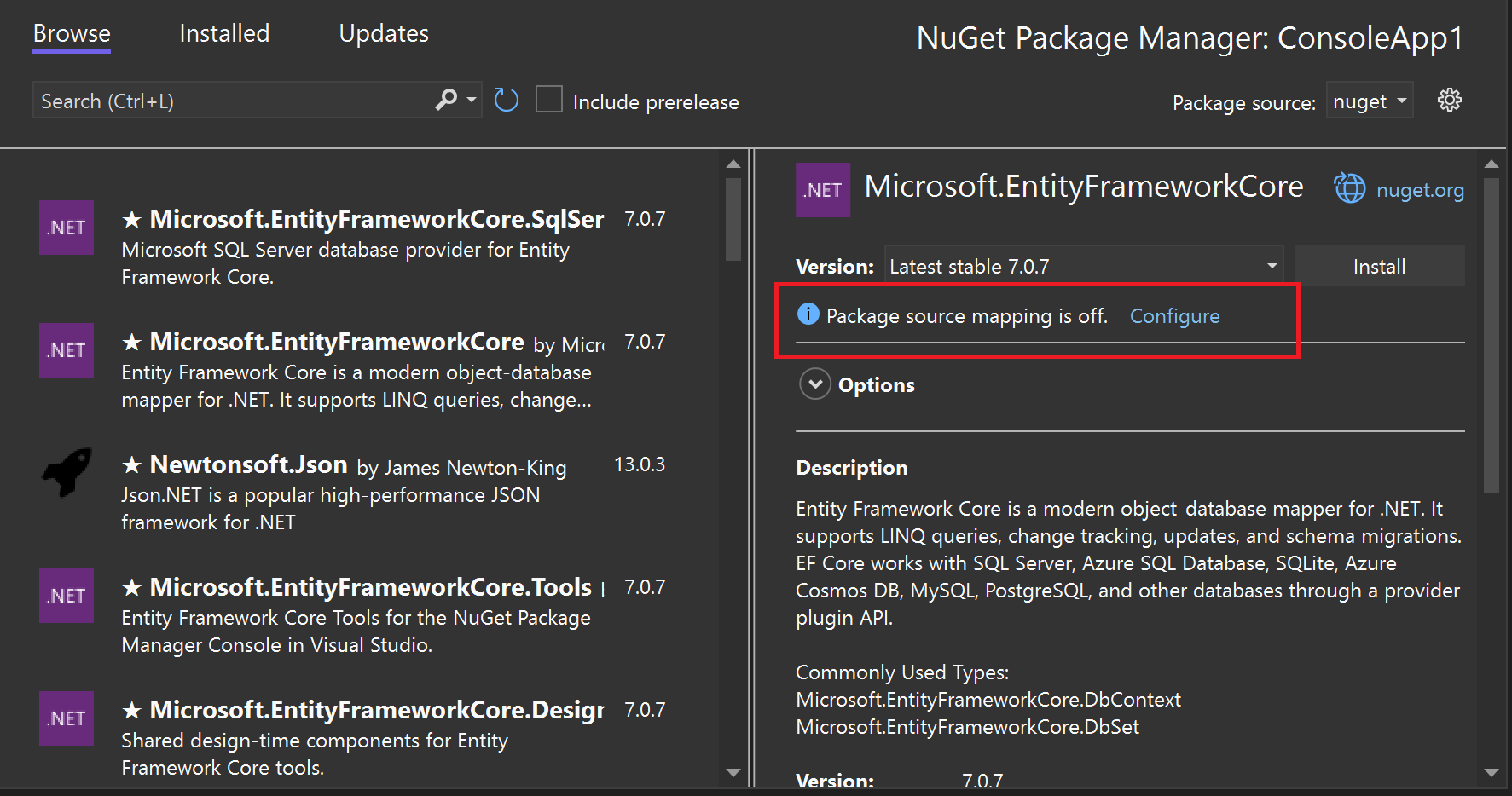 La finestra di Gestione pacchetti NuGet in Visual Studio che mostra un pacchetto selezionato e un'evidenziazione relativa allo stato 