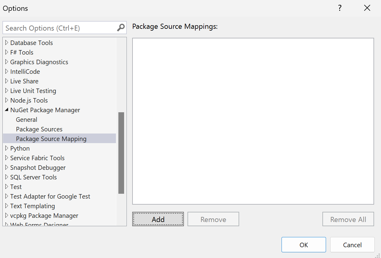 Finestra di dialogo Opzioni mapping origine pacchetto di Visual Studio che non mostra mapping di origine pacchetto, con un pulsante Aggiungi per creare un nuovo mapping.