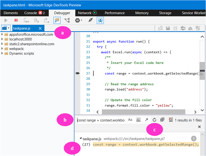 Edge DevTools debugging tab with 4 parts labelled A through D.