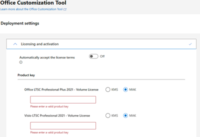 Impostazioni di licenza e attivazione nello Strumento di personalizzazione di Office per Office LTSC Professional Plus 2021 e Visio LTSC Professional 2021, che mostra le opzioni per kms e MAK.