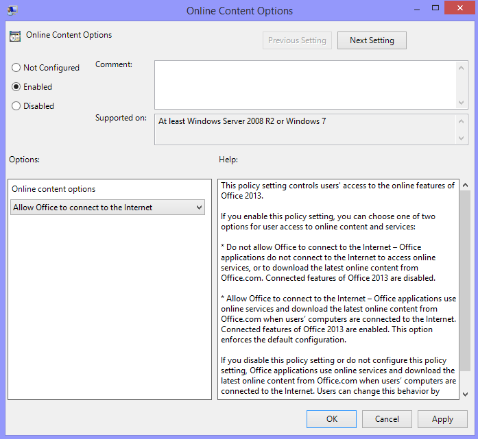 Screenshot dei dettagli dell'impostazione criterio Opzioni contenuto online, con l'impostazione su Non configurato o Abilitato e la selezione dell'opzione Consenti a Office di connettersi a Internet.