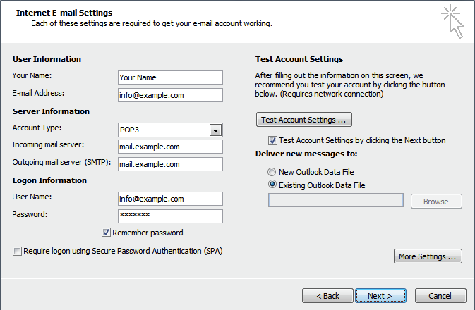 Lo screenshot mostra la finestra di dialogo Impostazioni posta elettronica Internet. L'opzione file di dati di Outlook esistente è selezionata.