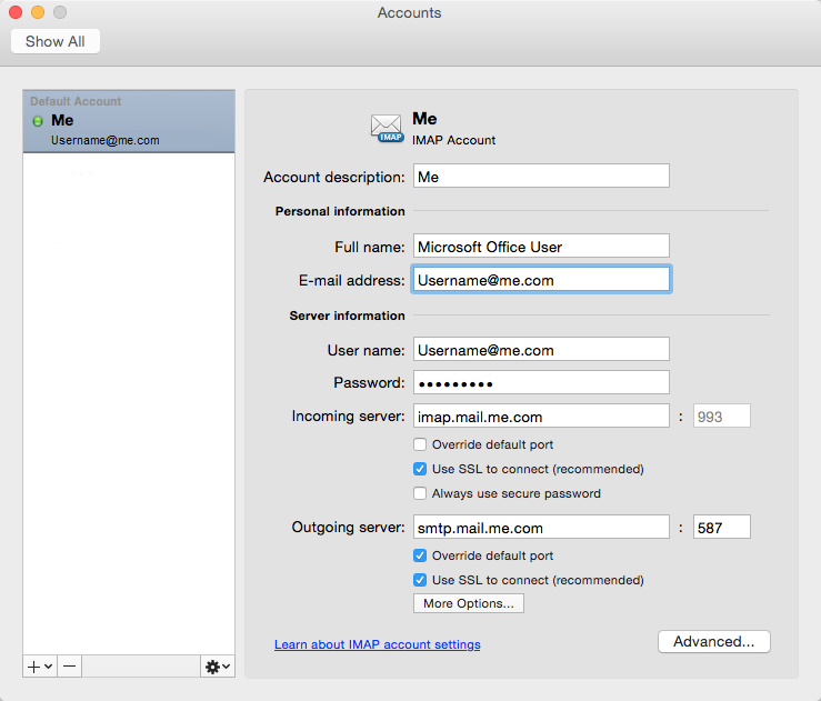 Screenshot che mostra i passaggi per configurare l'account di posta elettronica Apple iCloud in Microsoft Outlook per Mac.