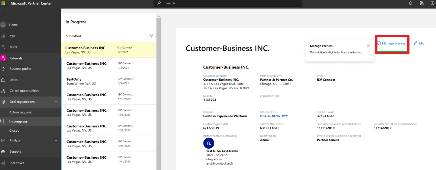 Screenshot che mostra il modulo in cui è possibile gestire le licenze per una trattativa ISV Connect.