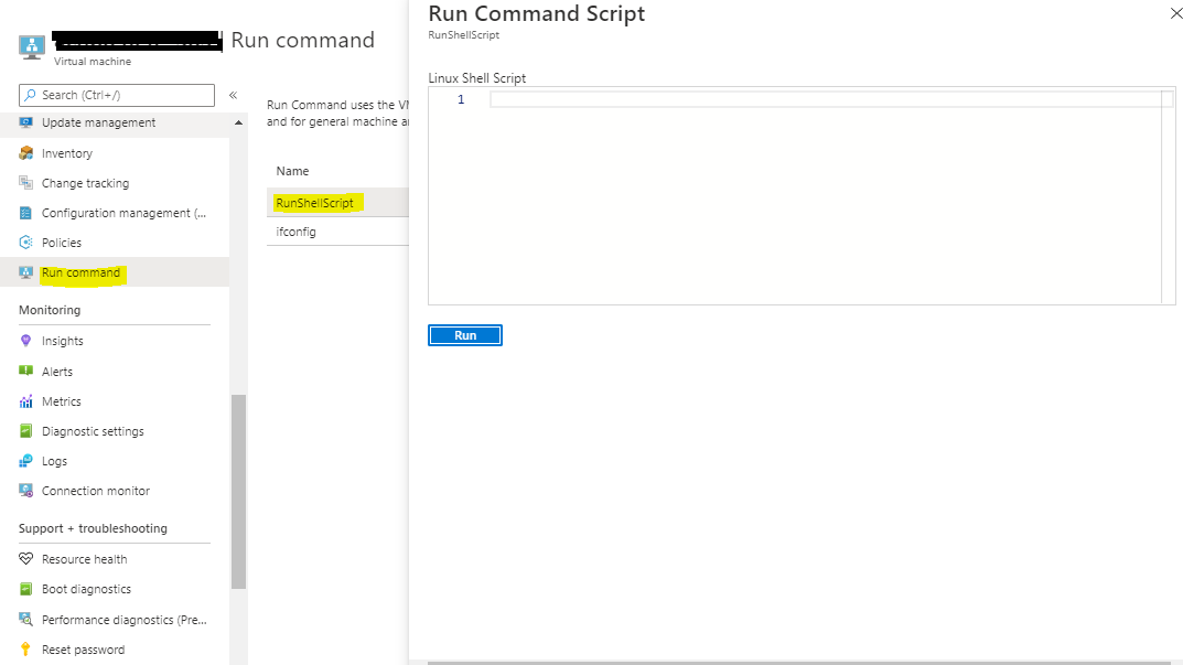 Screenshot della pagina 'Esegui script di comandi' nel portale di Azure.