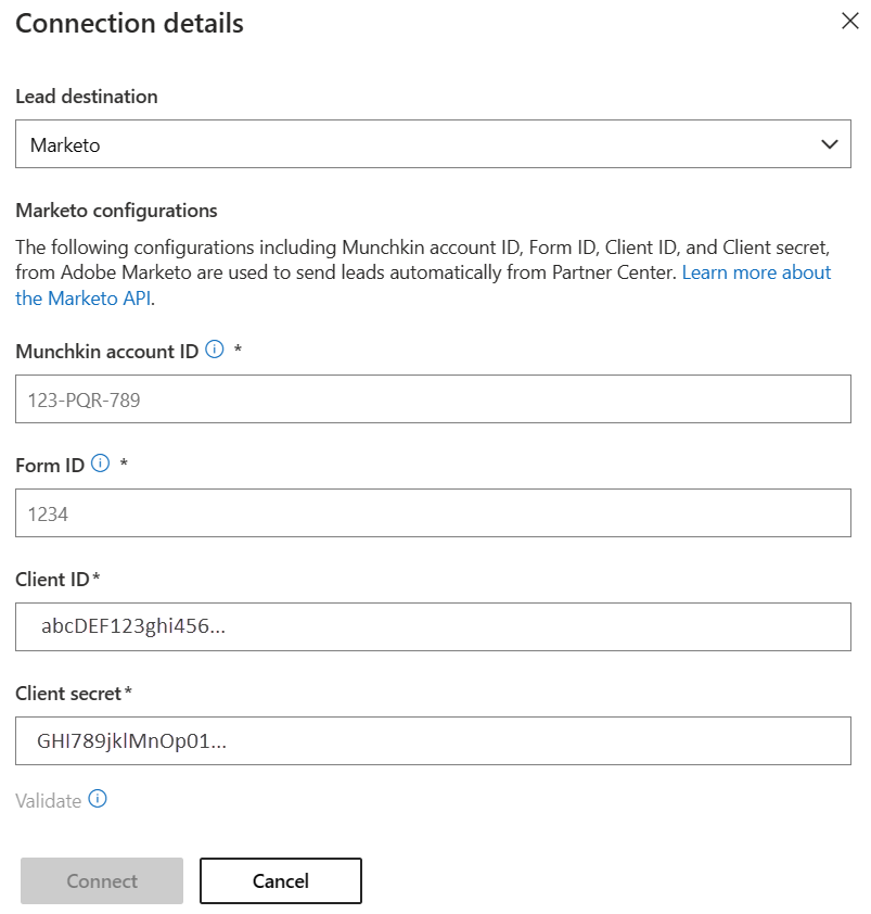 Screenshot che mostra i dettagli della connessione al Centro per i partner.