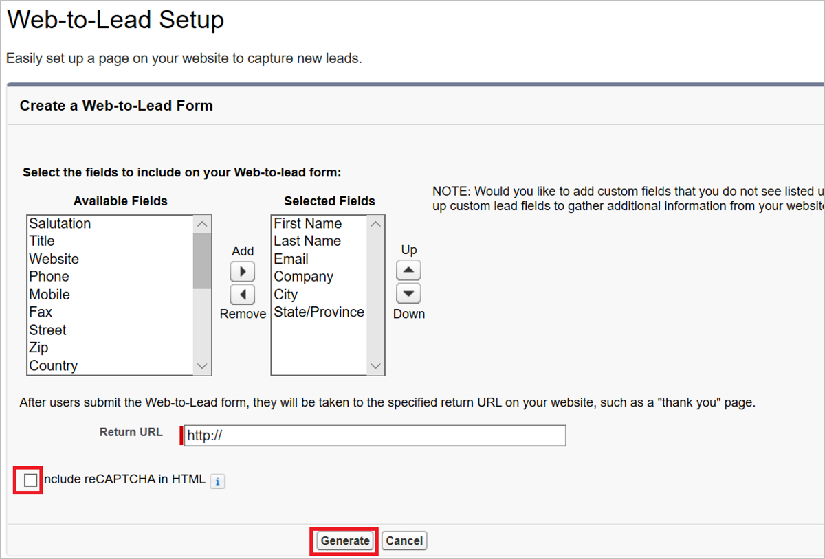 Riquadro della finestra Crea modulo Web a lead di Salesforce