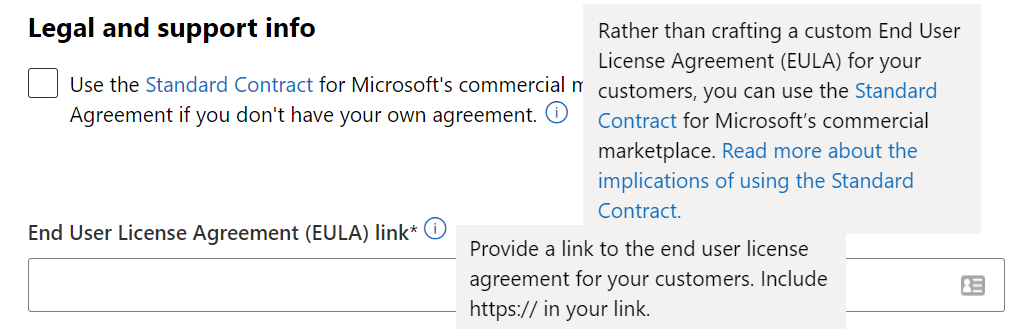 Illustra la casella di controllo Usa il contratto standard per il marketplace commerciale di Microsoft.