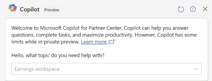 Screenshot che mostra la finestra di dialogo di benvenuto di Copilot nel Centro per i partner.