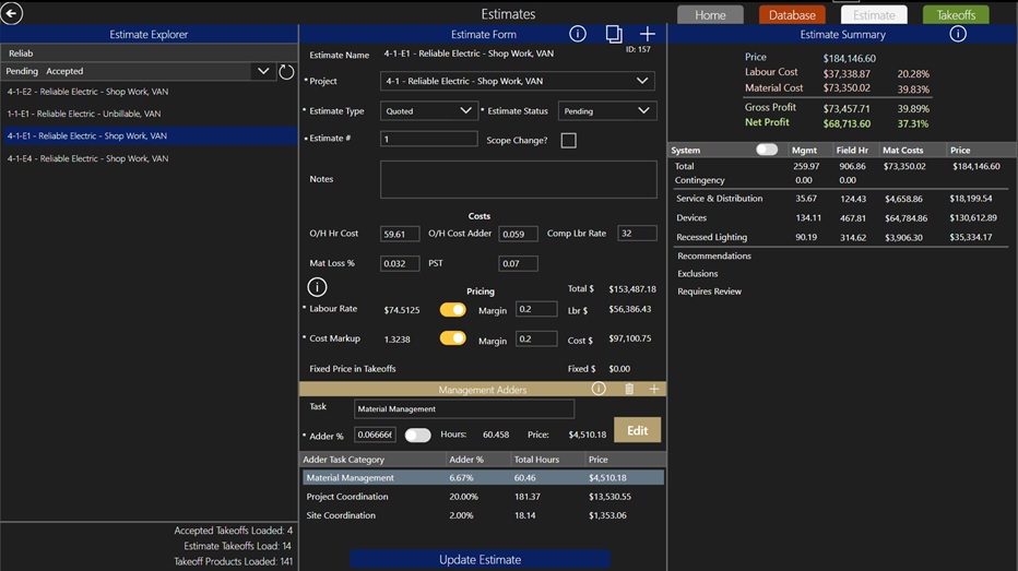 Schermata dell'app di stima del progetto Reliable Electric.