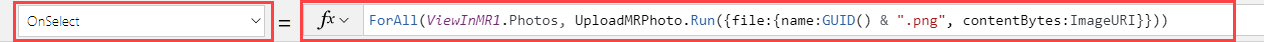 Screenshot della proprietà OnSelect di un controllo Pulsante nella barra della formula Power Apps Studio, che carica tutte le foto scattate.