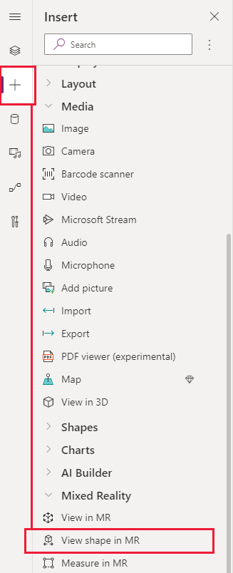 Screenshot della scheda Inserisci in Power Apps Studio, che mostra dove trovare il controllo Visualizza forma in realtà mista.