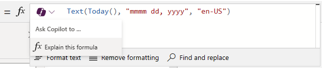 Screenshot del menu delle funzionalità Copilot che mostra l'opzione Spiega questa formula.