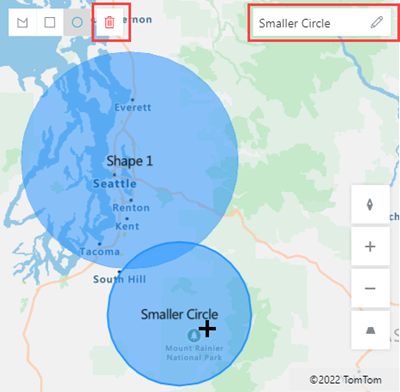 Screenshot di un controllo Mappa con forme ed etichette di esempio, con l'icona del cestino e la casella delle etichette evidenziati.