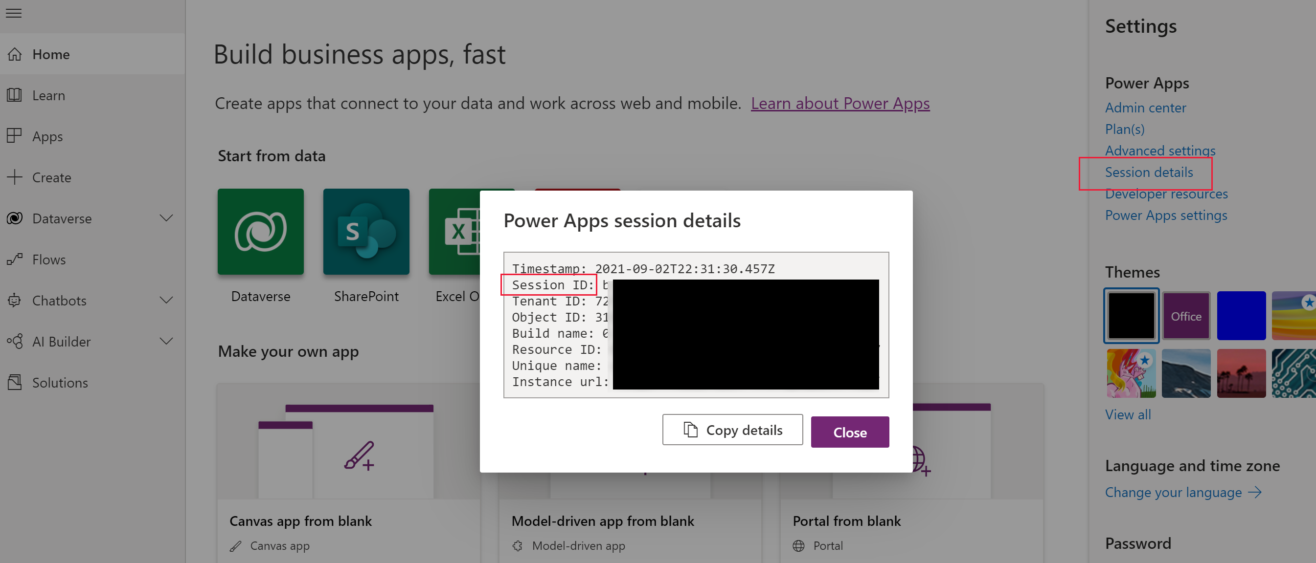 Dettagli della sessione nel sito Power Apps