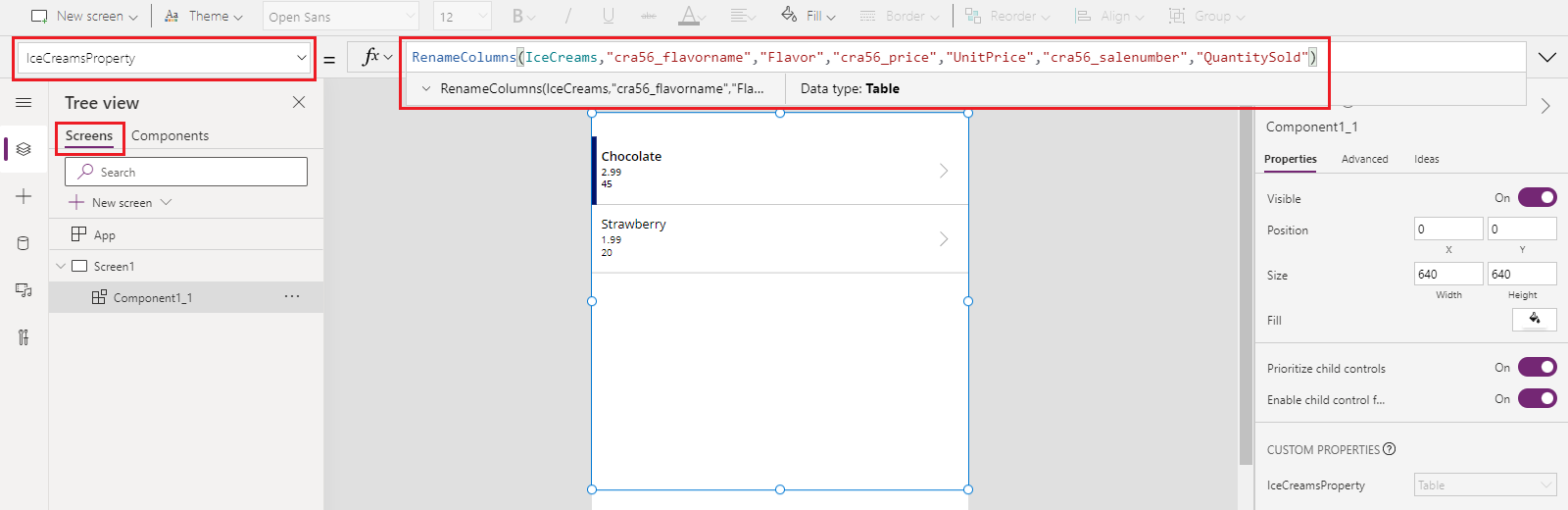 App che usa il componente che usa il mapping delle proprietà di input personalizzata con le colonne corrette usando la funzione RenameColumns.