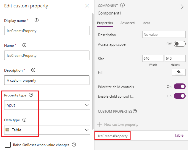 Personalizzare la proprietà di input che prevede il tipo di dati di tabella: