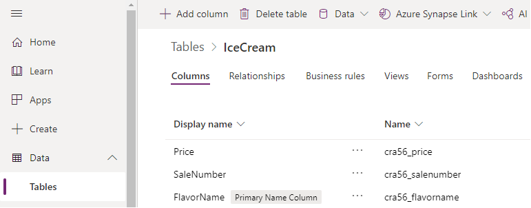 Schema della tabella IceCreams.