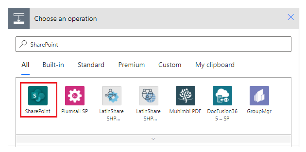 Cercare o scegliere il connettore SharePoint.