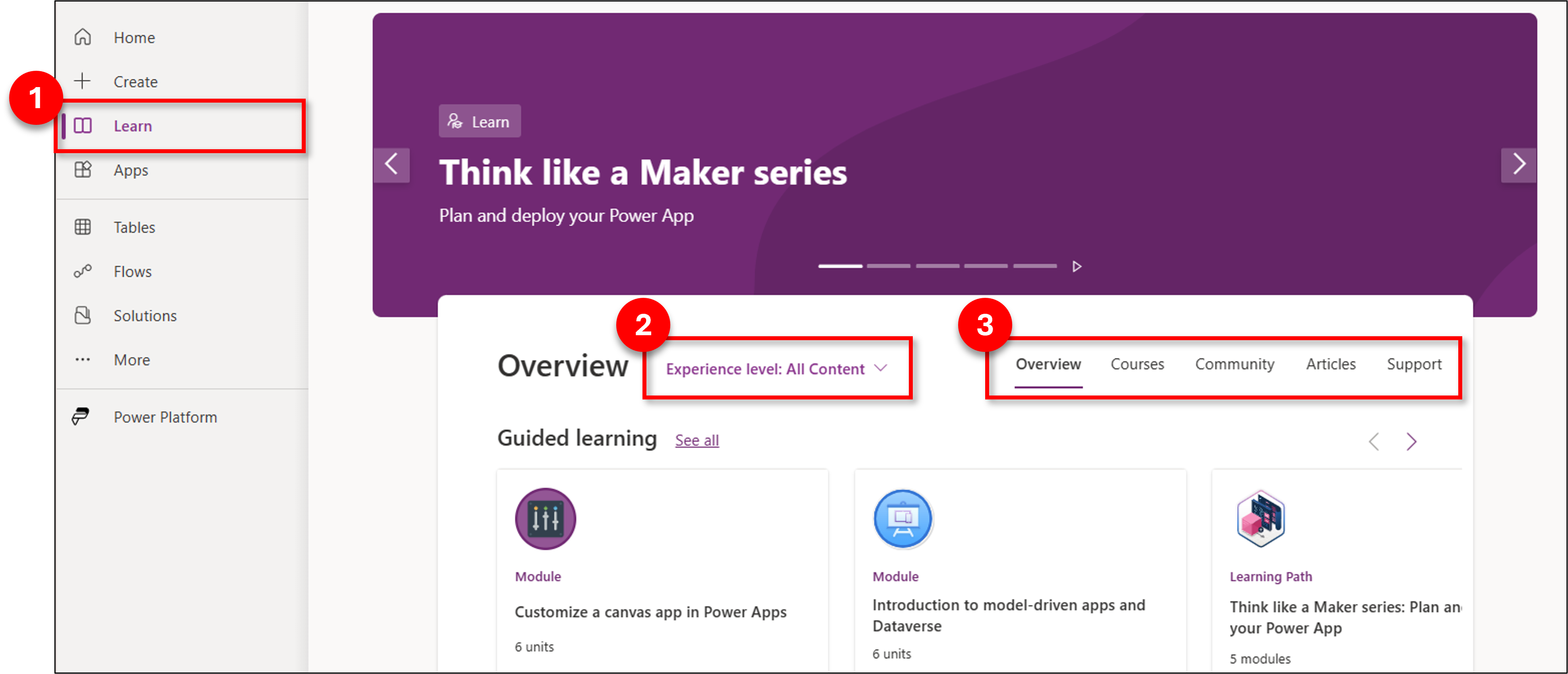 Screenshot dell'hub di apprendimento in Power Apps.