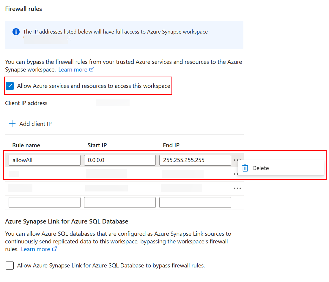 Azure Synapse impostazioni di rete dell'area di lavoro